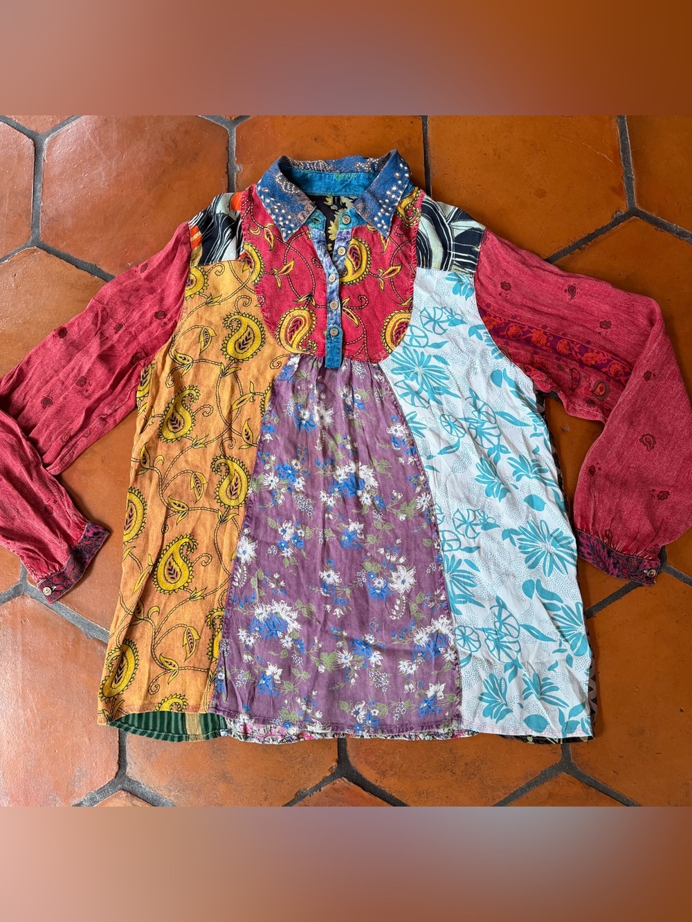 Sacred Threads Womens XL Boho Smock Tunic Top Patchwork Floral Hippie Festival